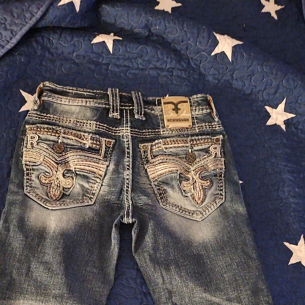 Rock Revival Blue Denim Jeans with Embroidered Pockets